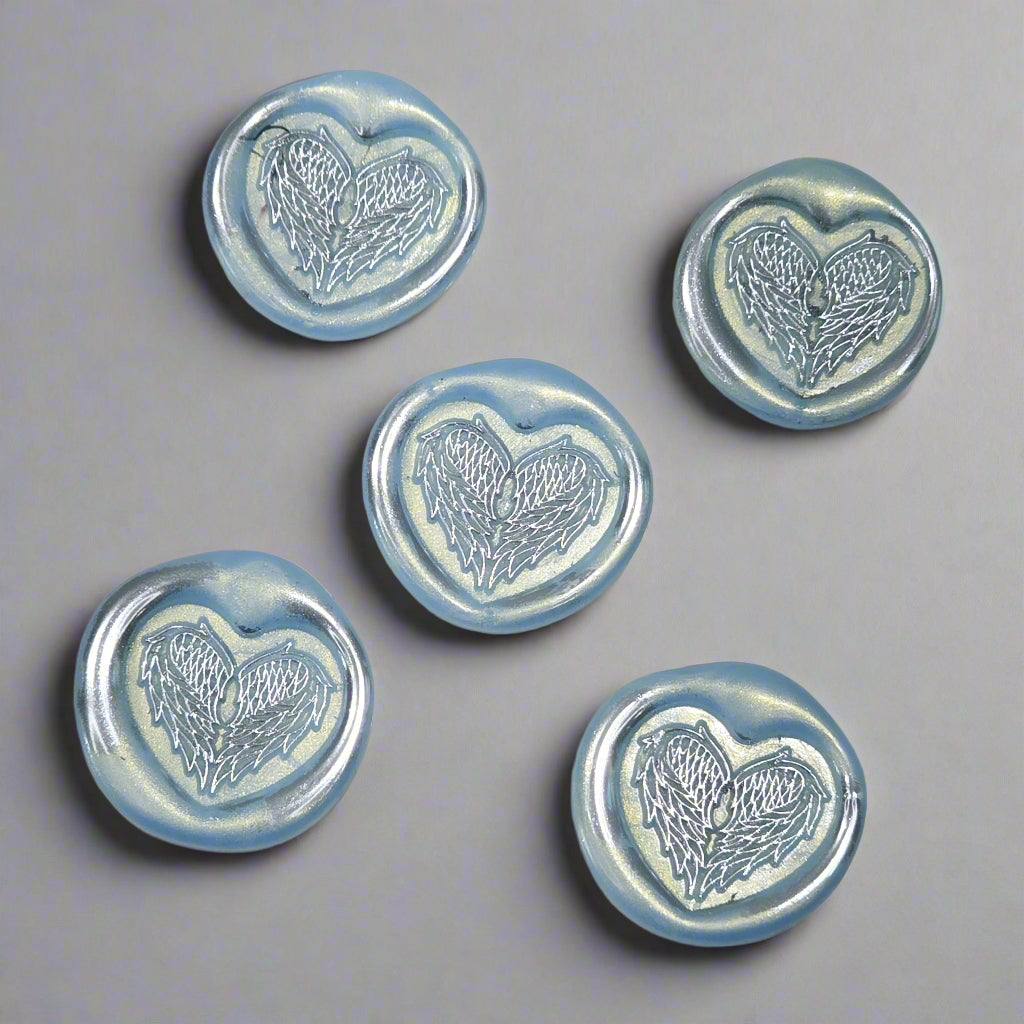 Angel Wings Heart Wax Seals Ice Blue & Silver Set of Five, with Adhesive Wax Seals for Cards, Invitations and Gifts