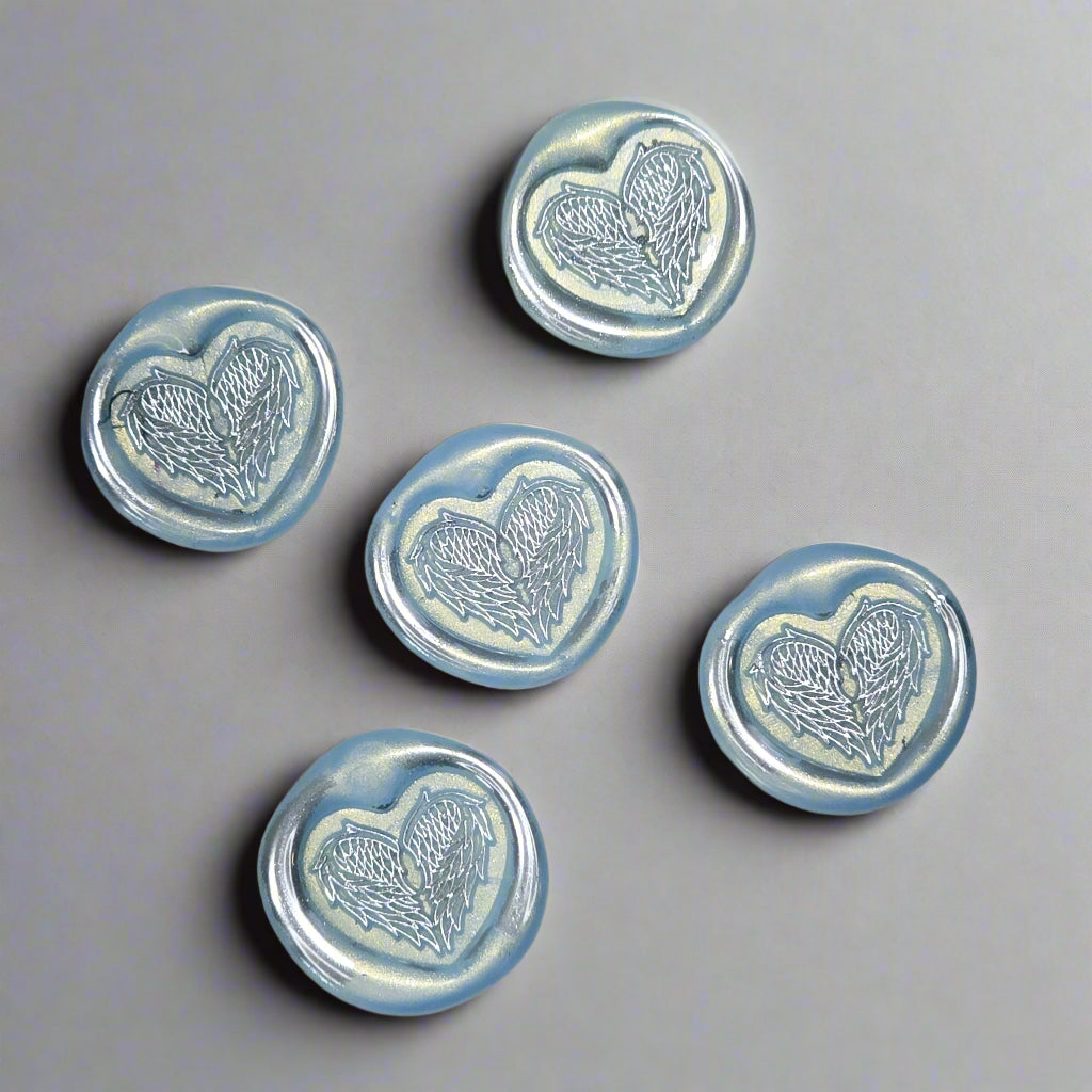 Angel Wings Heart Wax Seals Ice Blue & Silver Set of Five, with Adhesive Wax Seals for Cards, Invitations and Gifts