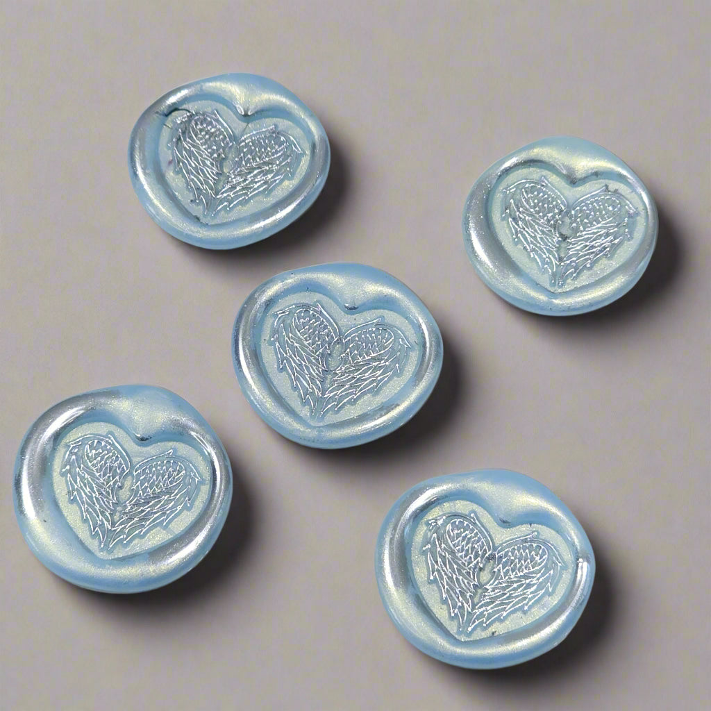 Angel Wings Heart Wax Seals Ice Blue & Silver Set of Five, with Adhesive Wax Seals for Cards, Invitations and Gifts