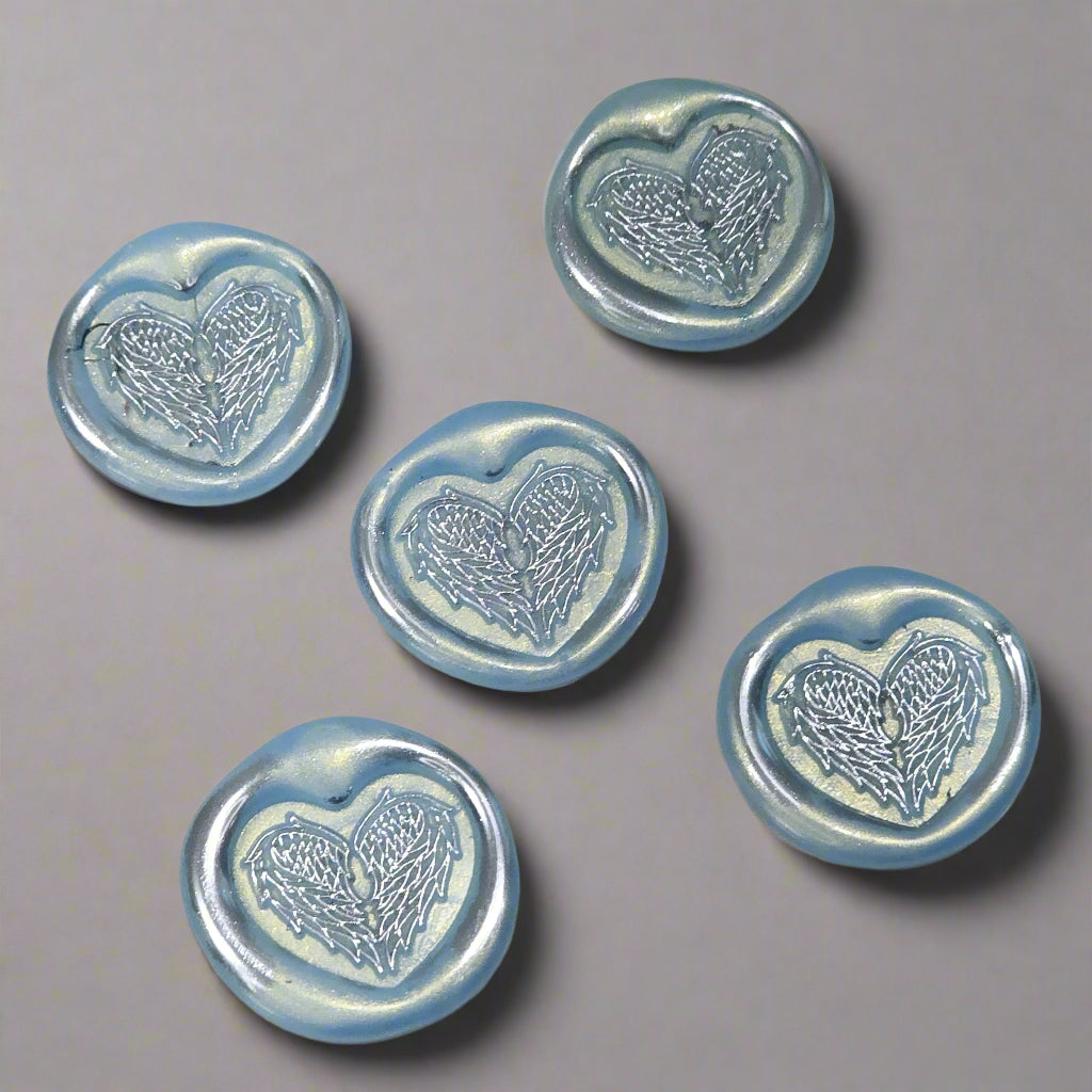 Angel Wings Heart Wax Seals Ice Blue & Silver Set of Five, with Adhesive Wax Seals for Cards, Invitations and Gifts