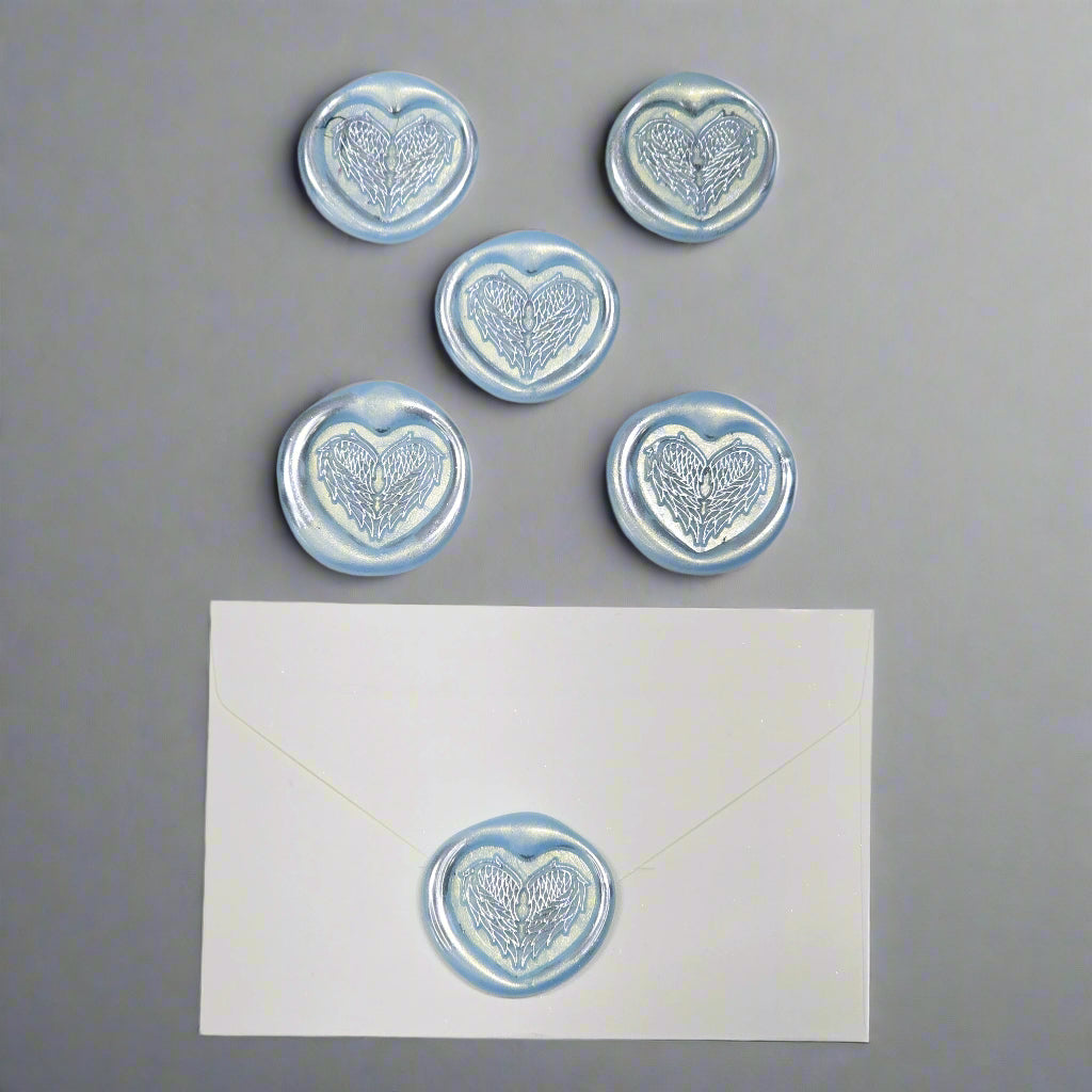Angel Wings Heart Wax Seals Ice Blue & Silver Set of Five, with Adhesive Wax Seals for Cards, Invitations and Gifts