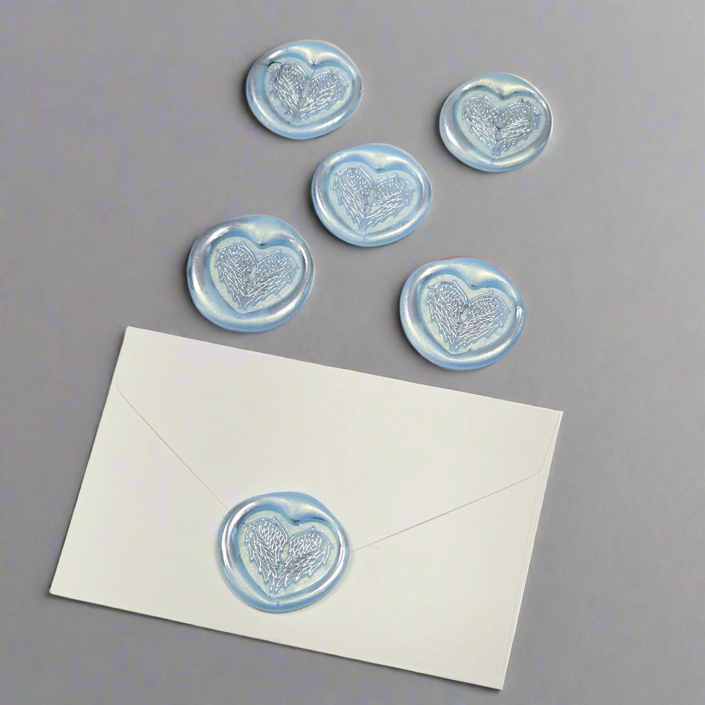 Angel Wings Heart Wax Seals Ice Blue & Silver Set of Five, with Adhesive Wax Seals for Cards, Invitations and Gifts