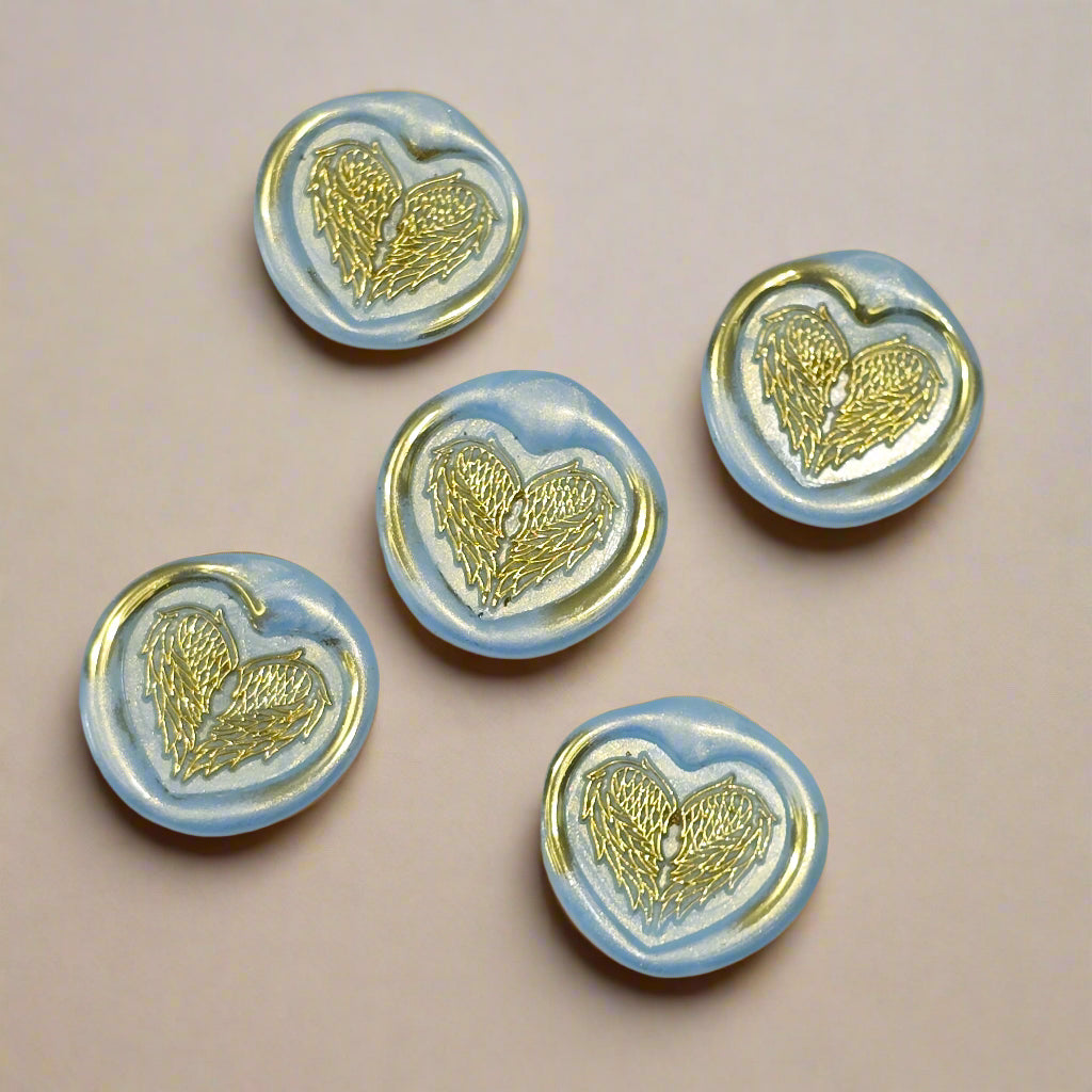 Angel Wings Heart Wax Seals Ice Blue & Gold Set of Five, with Adhesive Wax Seals for Cards, Invitations and Gifts