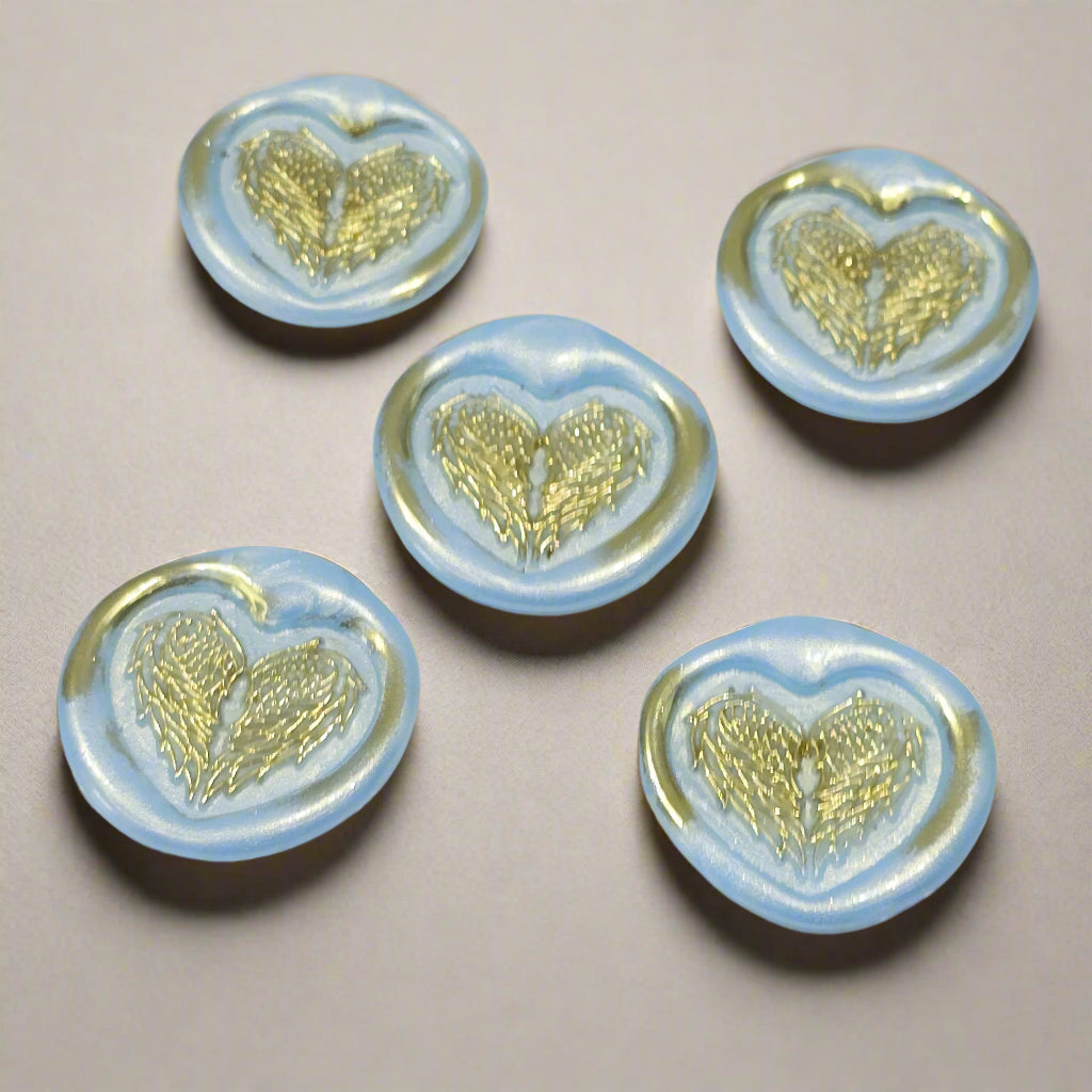 Angel Wings Heart Wax Seals Ice Blue & Gold Set of Five, with Adhesive Wax Seals for Cards, Invitations and Gifts