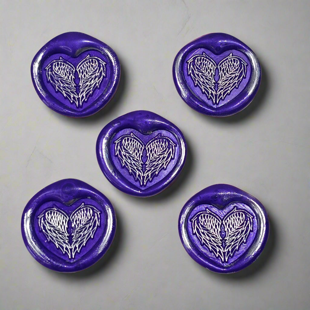 Angel Wings Heart Wax Seals Purple & Silver Set of Five, with Adhesive Wax Seals for Cards, Invitations and Gifts