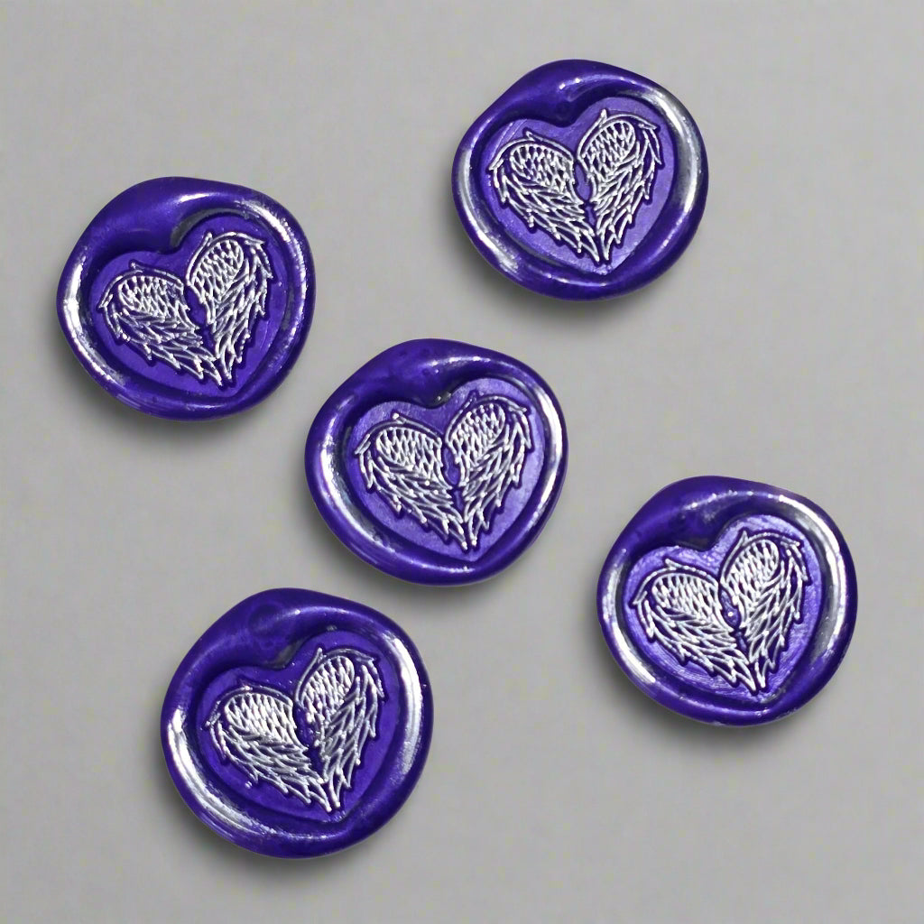 Angel Wings Heart Wax Seals Purple & Silver Set of Five, with Adhesive Wax Seals for Cards, Invitations and Gifts