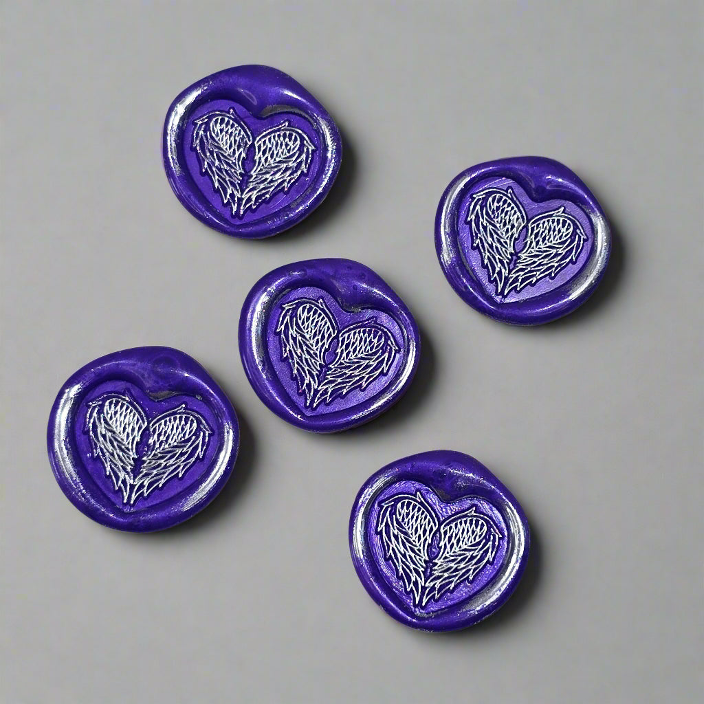 Angel Wings Heart Wax Seals Purple & Silver Set of Five, with Adhesive Wax Seals for Cards, Invitations and Gifts