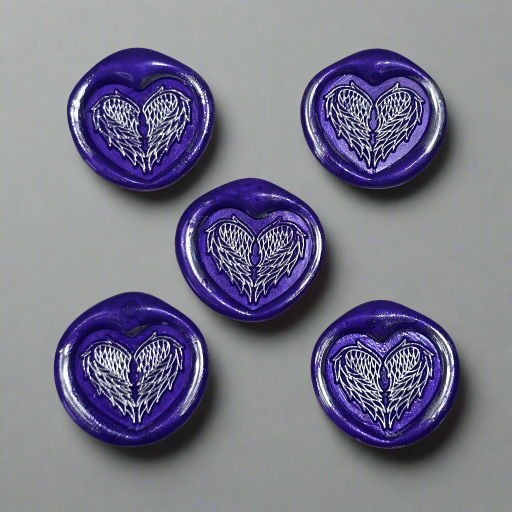 Angel Wings Heart Wax Seals Purple & Silver Set of Five, with Adhesive Wax Seals for Cards, Invitations and Gifts