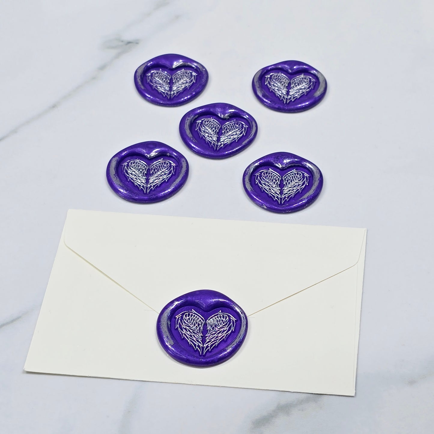 Angel Wings Heart Wax Seals Purple & Silver Set of Five, with Adhesive Wax Seals for Cards, Invitations and Gifts