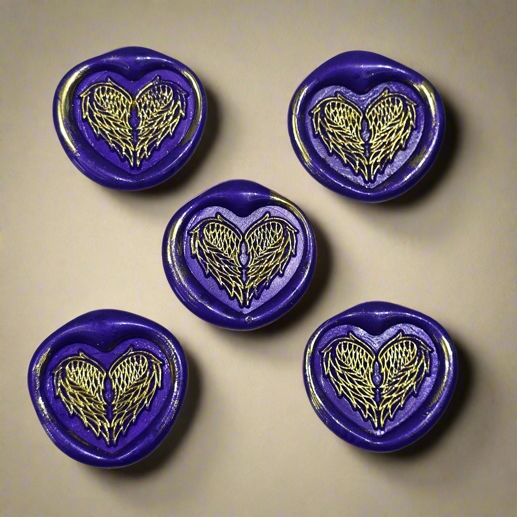 Angel Wings Heart Wax Seals Purple & Gold Set of Five, with Adhesive Wax Seals for Cards, Invitations and Gifts