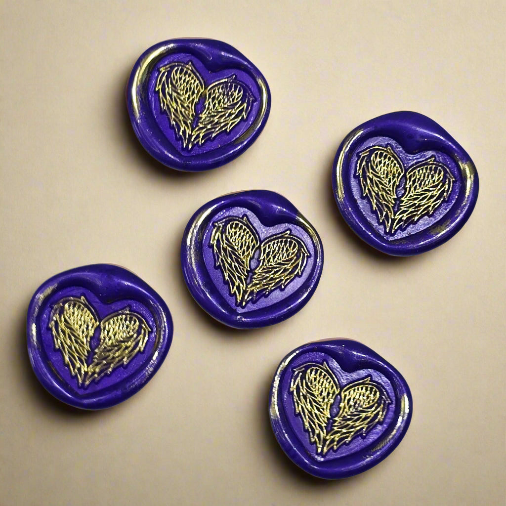 Angel Wings Heart Wax Seals Purple & Gold Set of Five, with Adhesive Wax Seals for Cards, Invitations and Gifts