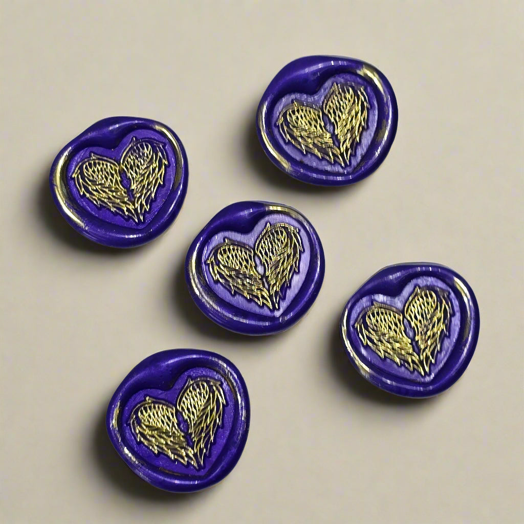 Angel Wings Heart Wax Seals Purple & Gold Set of Five, with Adhesive Wax Seals for Cards, Invitations and Gifts