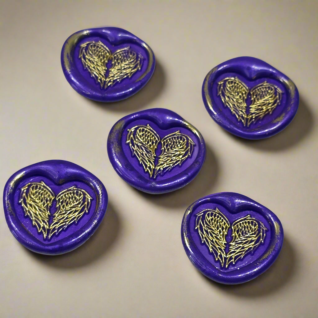 Angel Wings Heart Wax Seals Purple & Gold Set of Five, with Adhesive Wax Seals for Cards, Invitations and Gifts