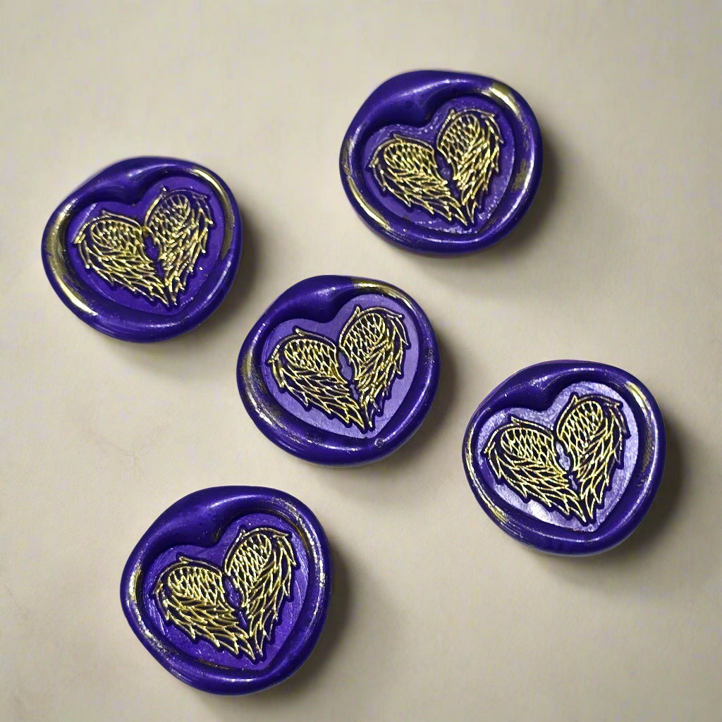 Angel Wings Heart Wax Seals Purple & Gold Set of Five, with Adhesive Wax Seals for Cards, Invitations and Gifts