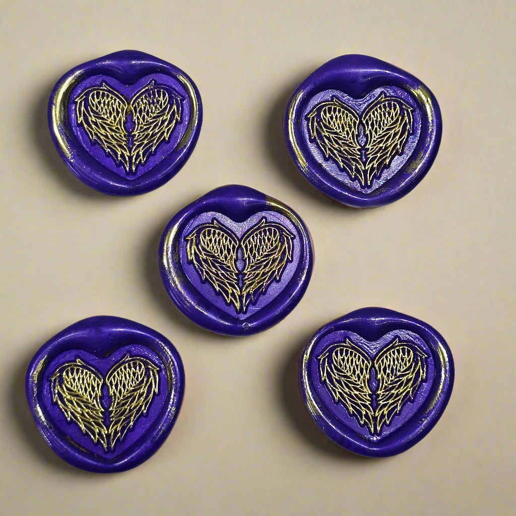 Angel Wings Heart Wax Seals Purple & Gold Set of Five, with Adhesive Wax Seals for Cards, Invitations and Gifts