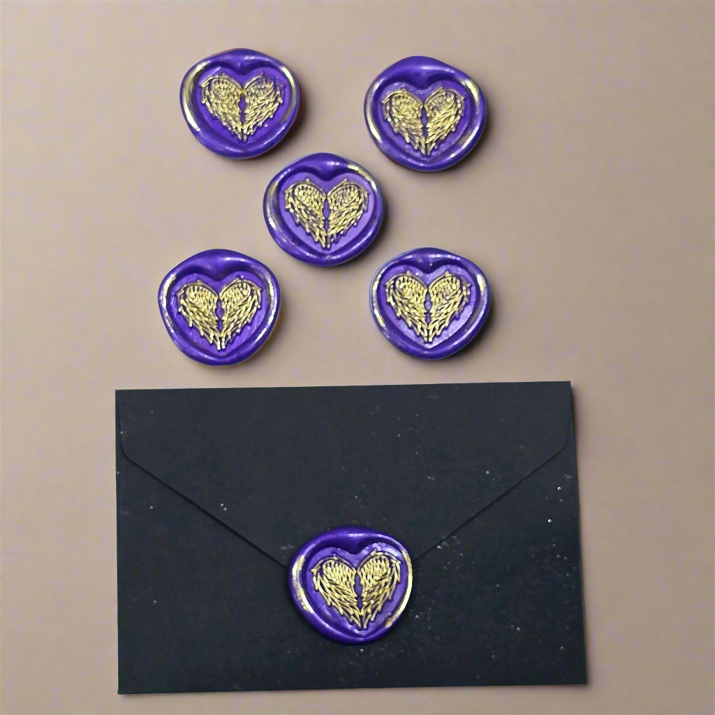 Angel Wings Heart Wax Seals Purple & Gold Set of Five, with Adhesive Wax Seals for Cards, Invitations and Gifts
