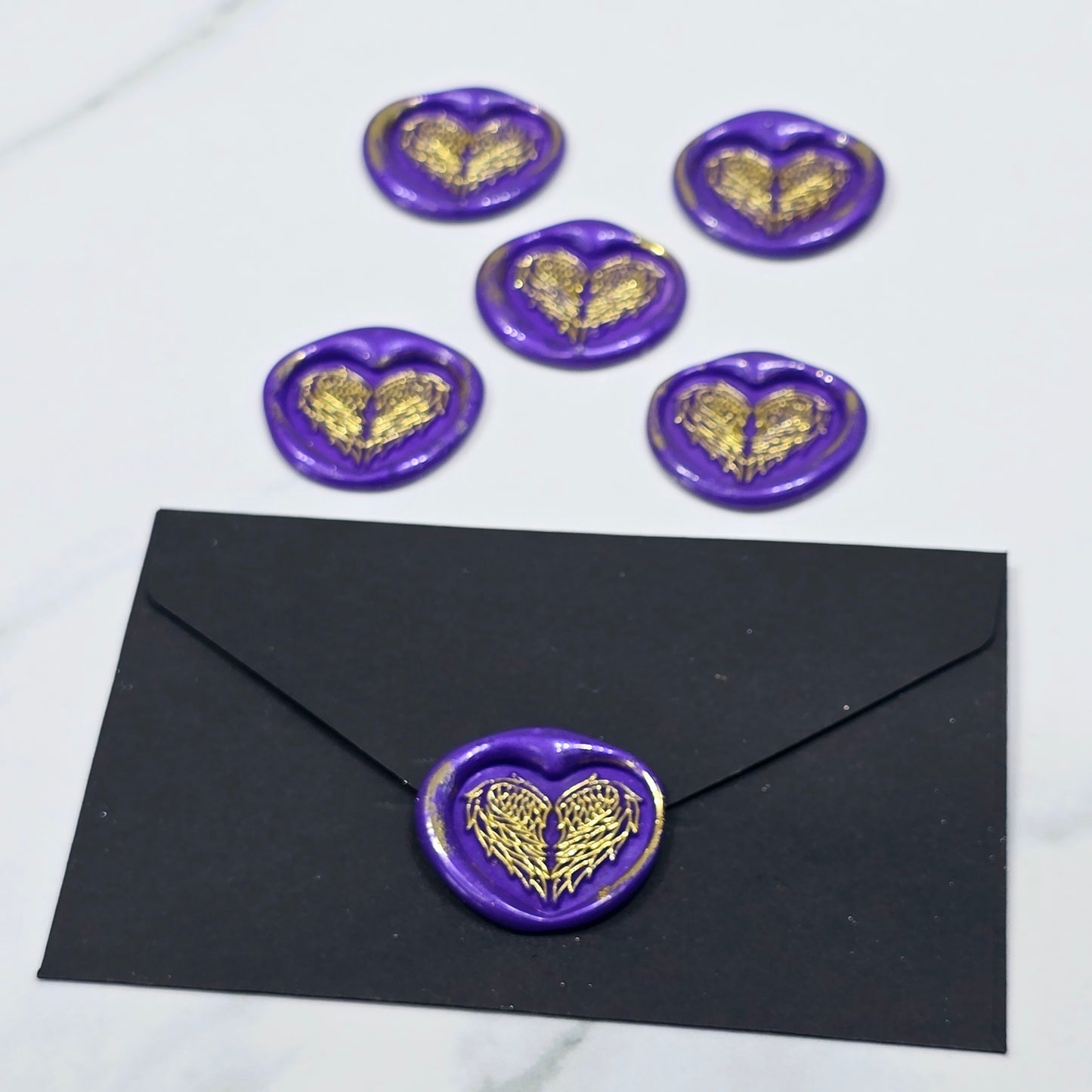 Angel Wings Heart Wax Seals Purple & Gold Set of Five, with Adhesive Wax Seals for Cards, Invitations and Gifts