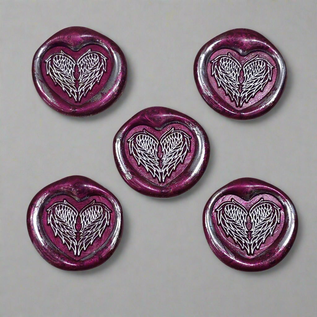 Angel Wings Heart Wax Seals Mulberry Red & Silver Set of Five, with Adhesive Wax Seals for Cards, Invitations and Gifts