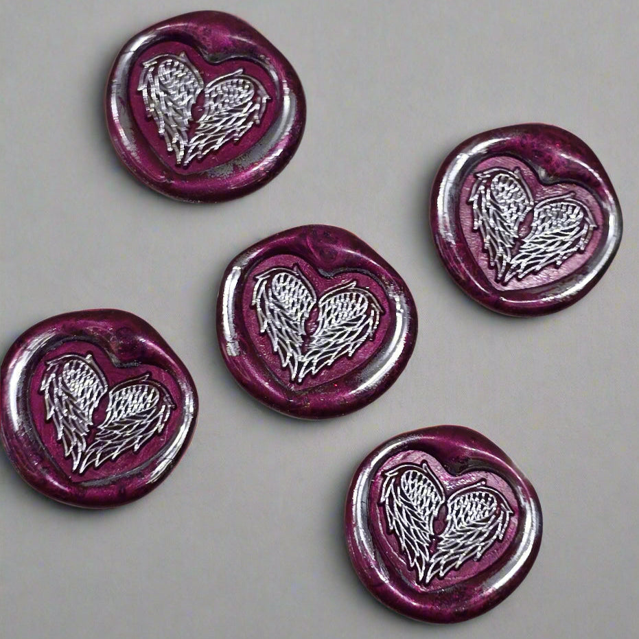 Angel Wings Heart Wax Seals Mulberry Red & Silver Set of Five, with Adhesive Wax Seals for Cards, Invitations and Gifts