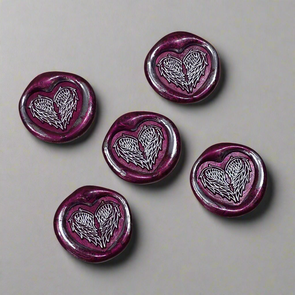 Angel Wings Heart Wax Seals Mulberry Red & Silver Set of Five, with Adhesive Wax Seals for Cards, Invitations and Gifts