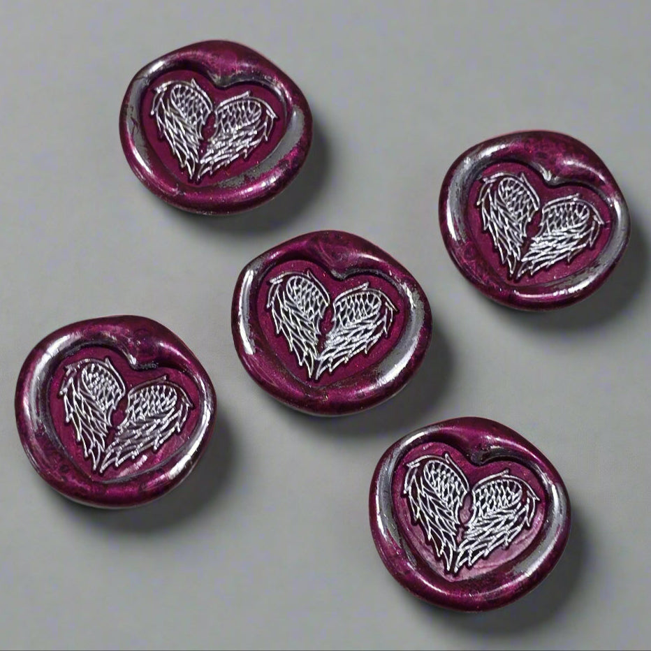 Angel Wings Heart Wax Seals Mulberry Red & Silver Set of Five, with Adhesive Wax Seals for Cards, Invitations and Gifts