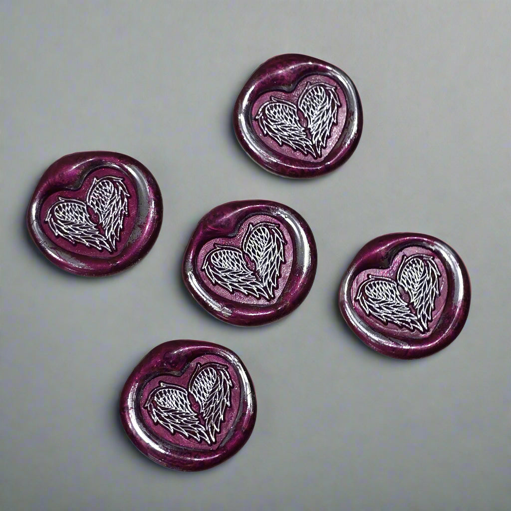 Angel Wings Heart Wax Seals Mulberry Red & Silver Set of Five, with Adhesive Wax Seals for Cards, Invitations and Gifts