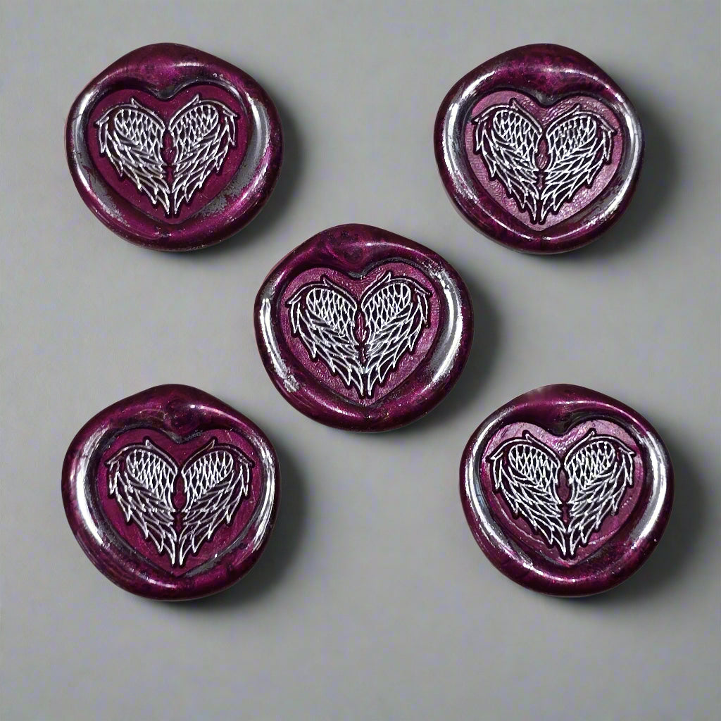 Angel Wings Heart Wax Seals Mulberry Red & Silver Set of Five, with Adhesive Wax Seals for Cards, Invitations and Gifts