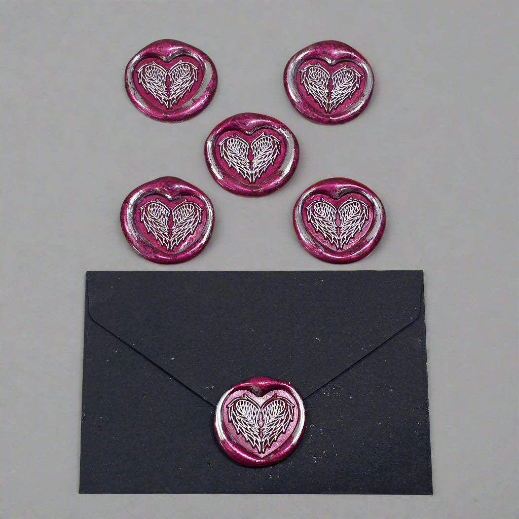 Angel Wings Heart Wax Seals Mulberry Red & Silver Set of Five, with Adhesive Wax Seals for Cards, Invitations and Gifts