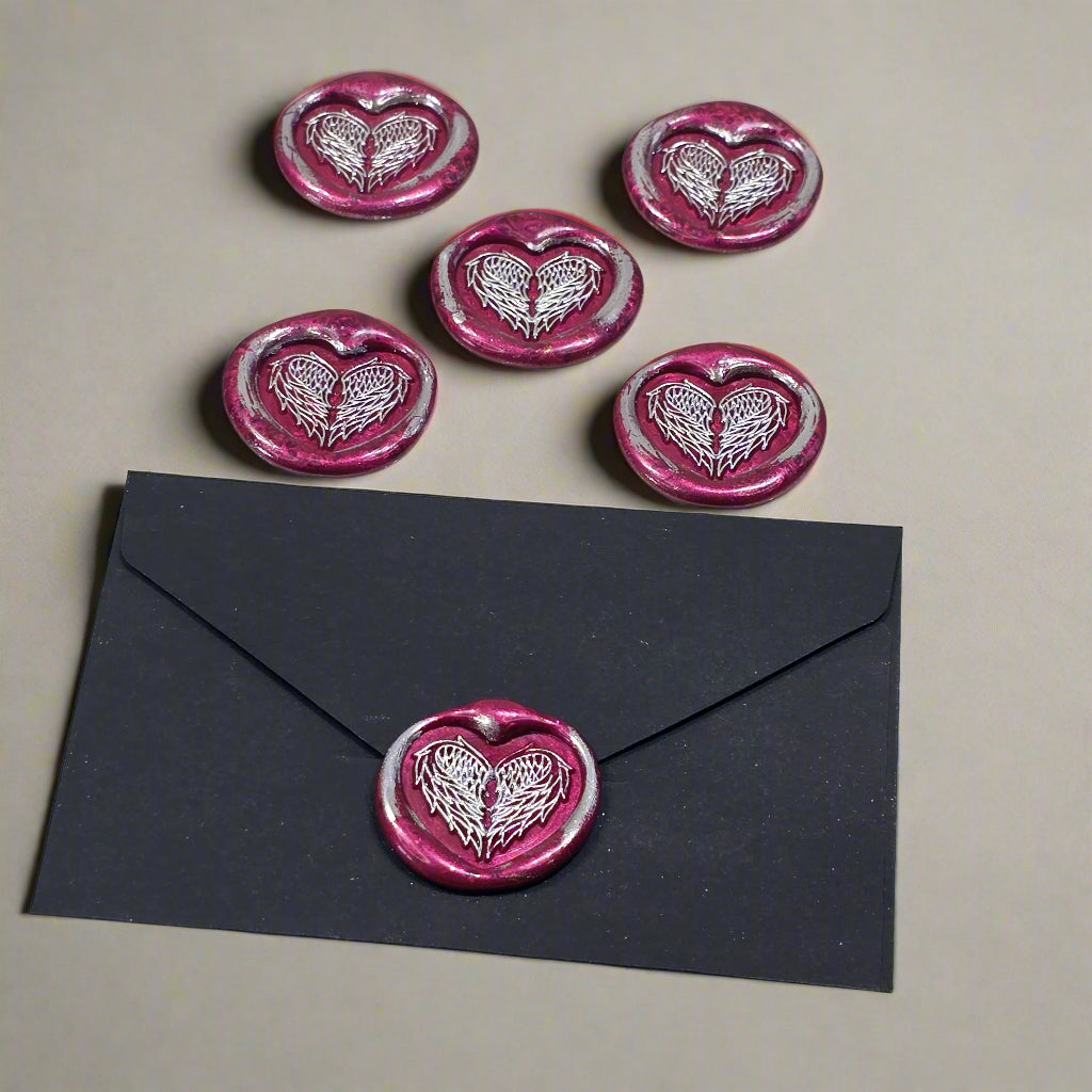 Angel Wings Heart Wax Seals Mulberry Red & Silver Set of Five, with Adhesive Wax Seals for Cards, Invitations and Gifts