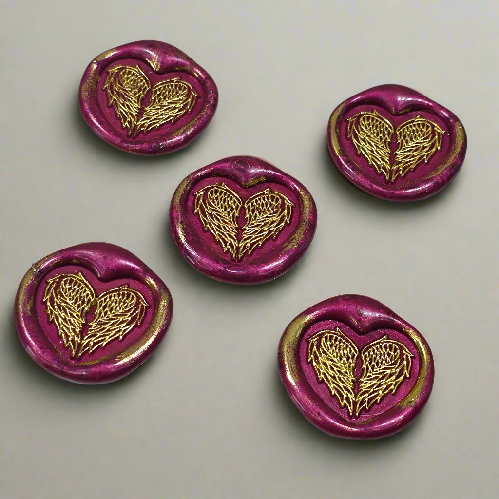 Angel Wings Heart Wax Seals Mulberry Red & Gold Set of Five, with Adhesive Wax Seals for Cards, Invitations and Gifts