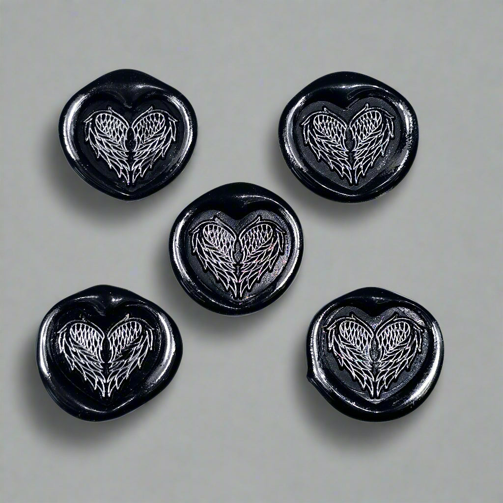 Angel Wings Heart Wax Seals Black & Silver Set of Five, with Adhesive Wax Seals for Cards, Invitations and Gifts