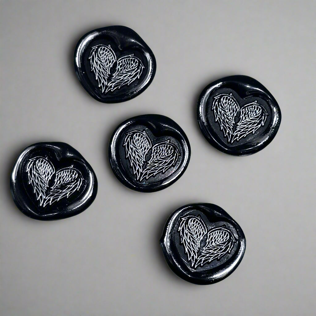 Angel Wings Heart Wax Seals Black & Silver Set of Five, with Adhesive Wax Seals for Cards, Invitations and Gifts