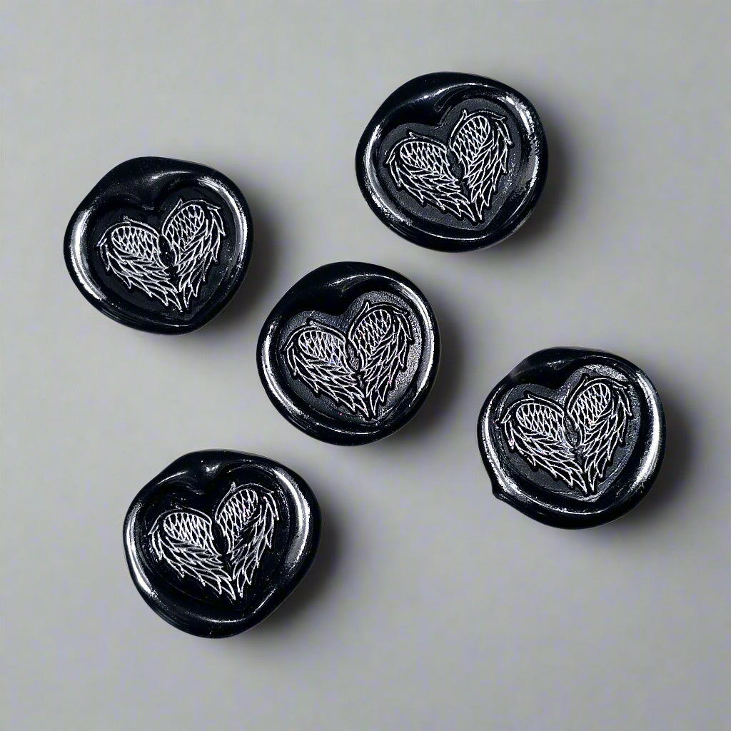 Angel Wings Heart Wax Seals Black & Silver Set of Five, with Adhesive Wax Seals for Cards, Invitations and Gifts