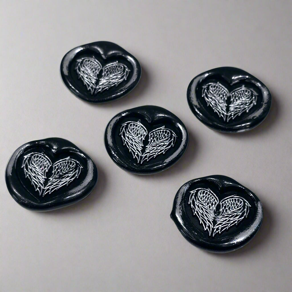 Angel Wings Heart Wax Seals Black & Silver Set of Five, with Adhesive Wax Seals for Cards, Invitations and Gifts