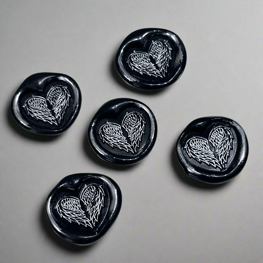 Angel Wings Heart Wax Seals Black & Silver Set of Five, with Adhesive Wax Seals for Cards, Invitations and Gifts