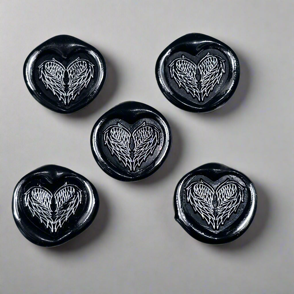 Angel Wings Heart Wax Seals Black & Silver Set of Five, with Adhesive Wax Seals for Cards, Invitations and Gifts