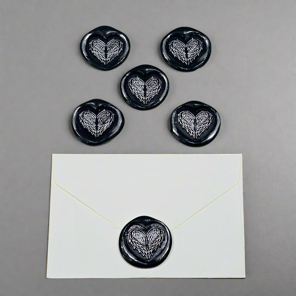 Angel Wings Heart Wax Seals Black & Silver Set of Five, with Adhesive Wax Seals for Cards, Invitations and Gifts