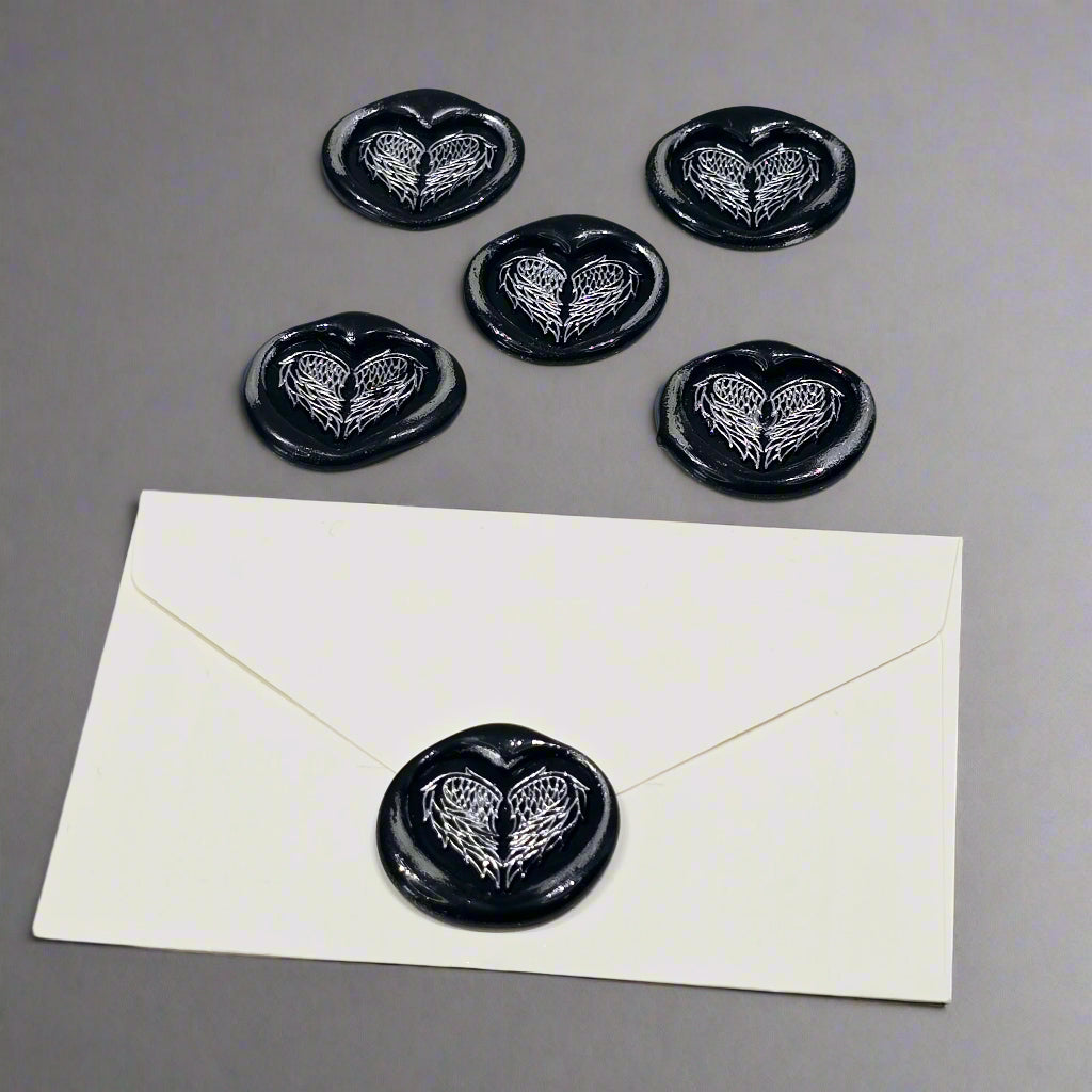 Angel Wings Heart Wax Seals Black & Silver Set of Five, with Adhesive Wax Seals for Cards, Invitations and Gifts