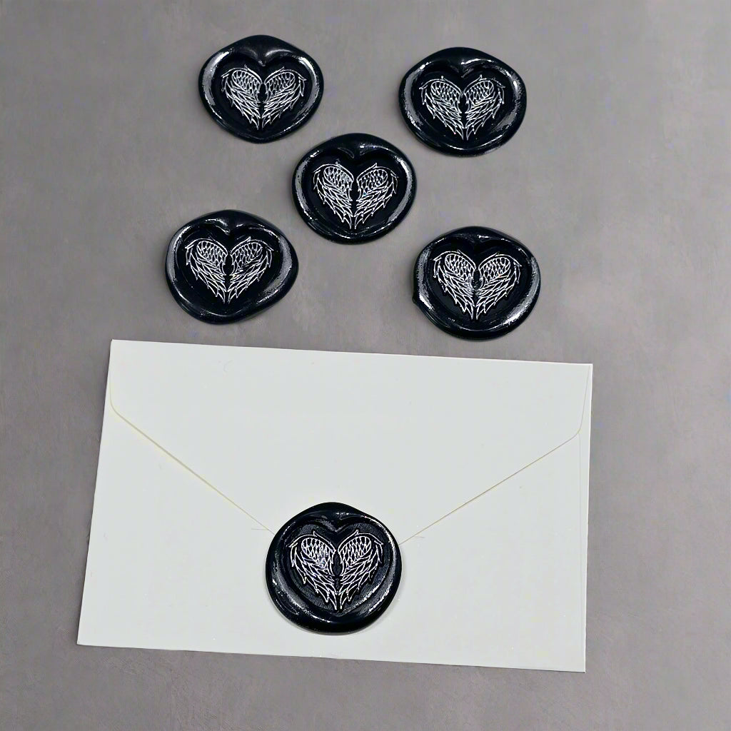 Angel Wings Heart Wax Seals Black & Silver Set of Five, with Adhesive Wax Seals for Cards, Invitations and Gifts