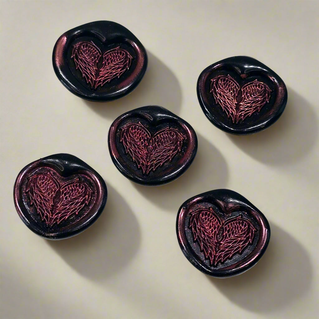 Angel Wings Heart Wax Seals Black & Pink Set of Five, with Adhesive Wax Seals for Cards, Invitations and Gifts