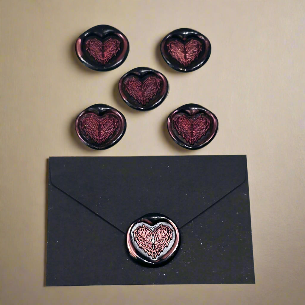 Angel Wings Heart Wax Seals Black & Pink Set of Five, with Adhesive Wax Seals for Cards, Invitations and Gifts