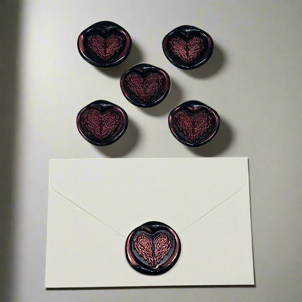 Angel Wings Heart Wax Seals Black & Pink Set of Five, with Adhesive Wax Seals for Cards, Invitations and Gifts