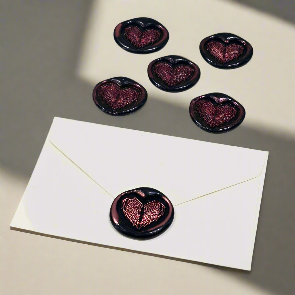 Angel Wings Heart Wax Seals Black & Pink Set of Five, with Adhesive Wax Seals for Cards, Invitations and Gifts