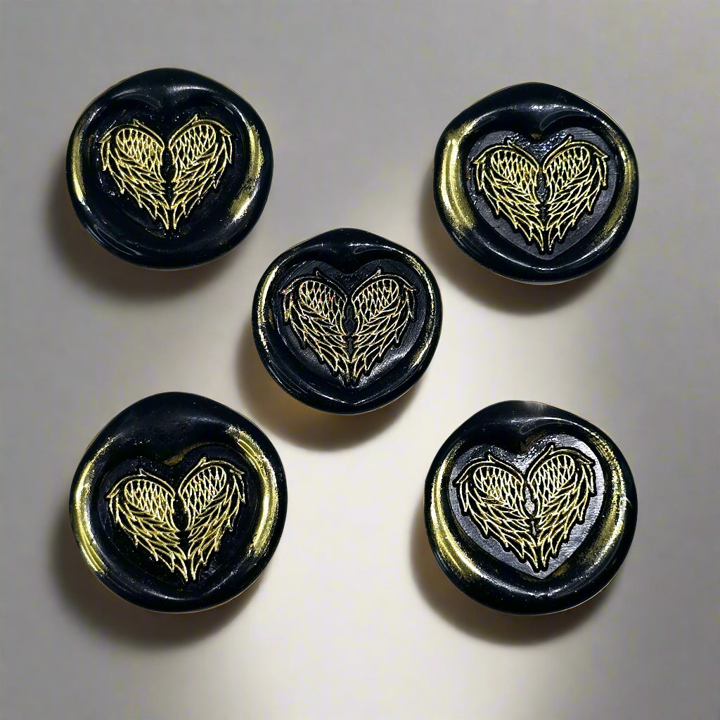 Angel Wings Heart Wax Seals Black & Gold Set of Five, with Adhesive Wax Seals for Cards, Invitations and Gifts