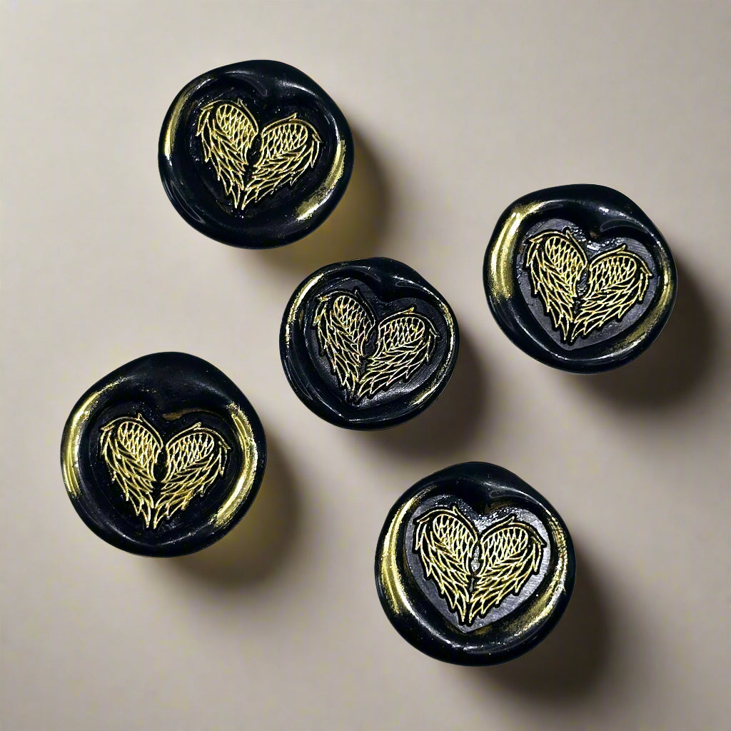 Angel Wings Heart Wax Seals Black & Gold Set of Five, with Adhesive Wax Seals for Cards, Invitations and Gifts