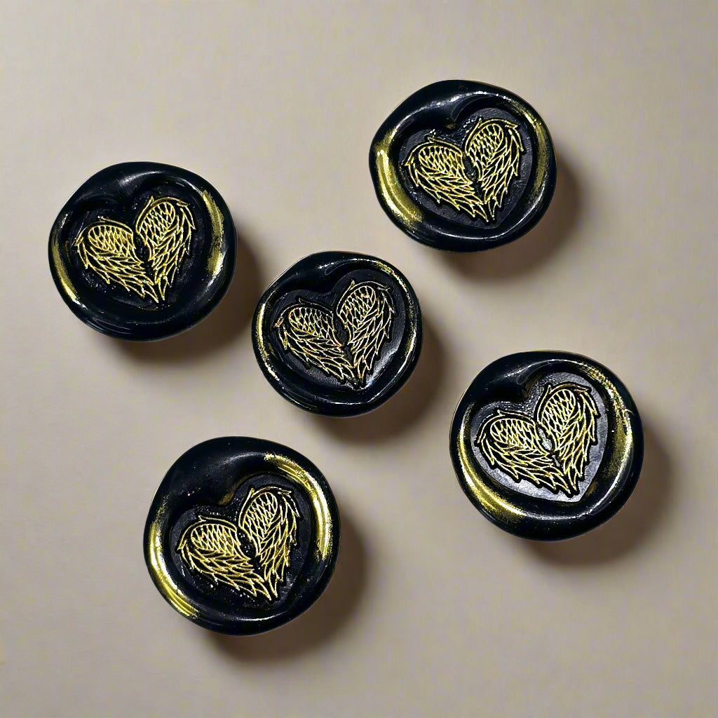 Angel Wings Heart Wax Seals Black & Gold Set of Five, with Adhesive Wax Seals for Cards, Invitations and Gifts