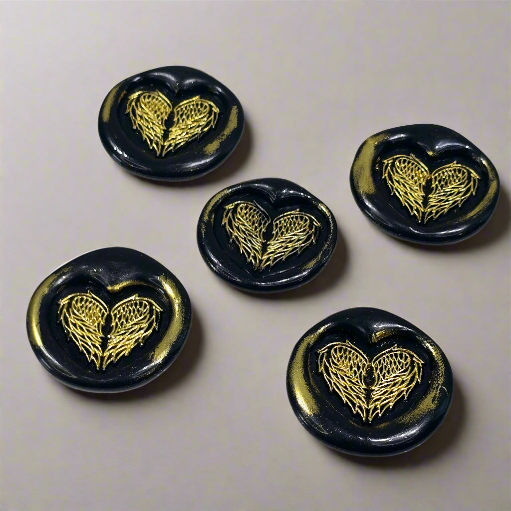 Angel Wings Heart Wax Seals Black & Gold Set of Five, with Adhesive Wax Seals for Cards, Invitations and Gifts