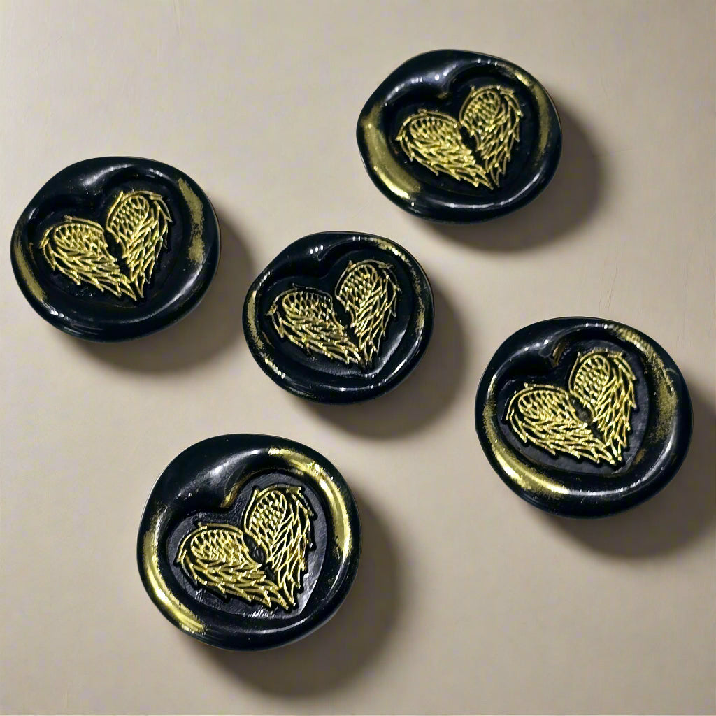 Angel Wings Heart Wax Seals Black & Gold Set of Five, with Adhesive Wax Seals for Cards, Invitations and Gifts
