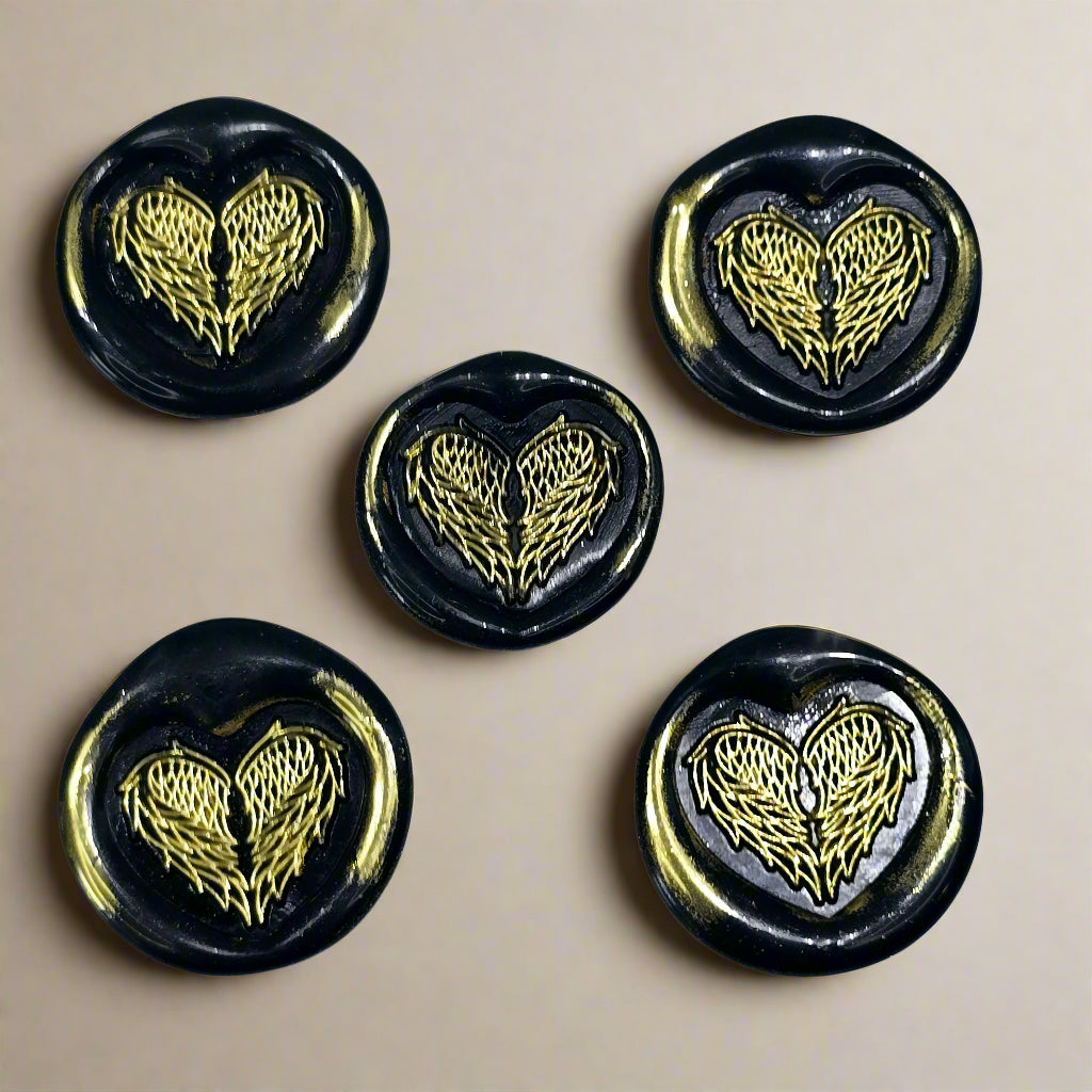 Angel Wings Heart Wax Seals Black & Gold Set of Five, with Adhesive Wax Seals for Cards, Invitations and Gifts