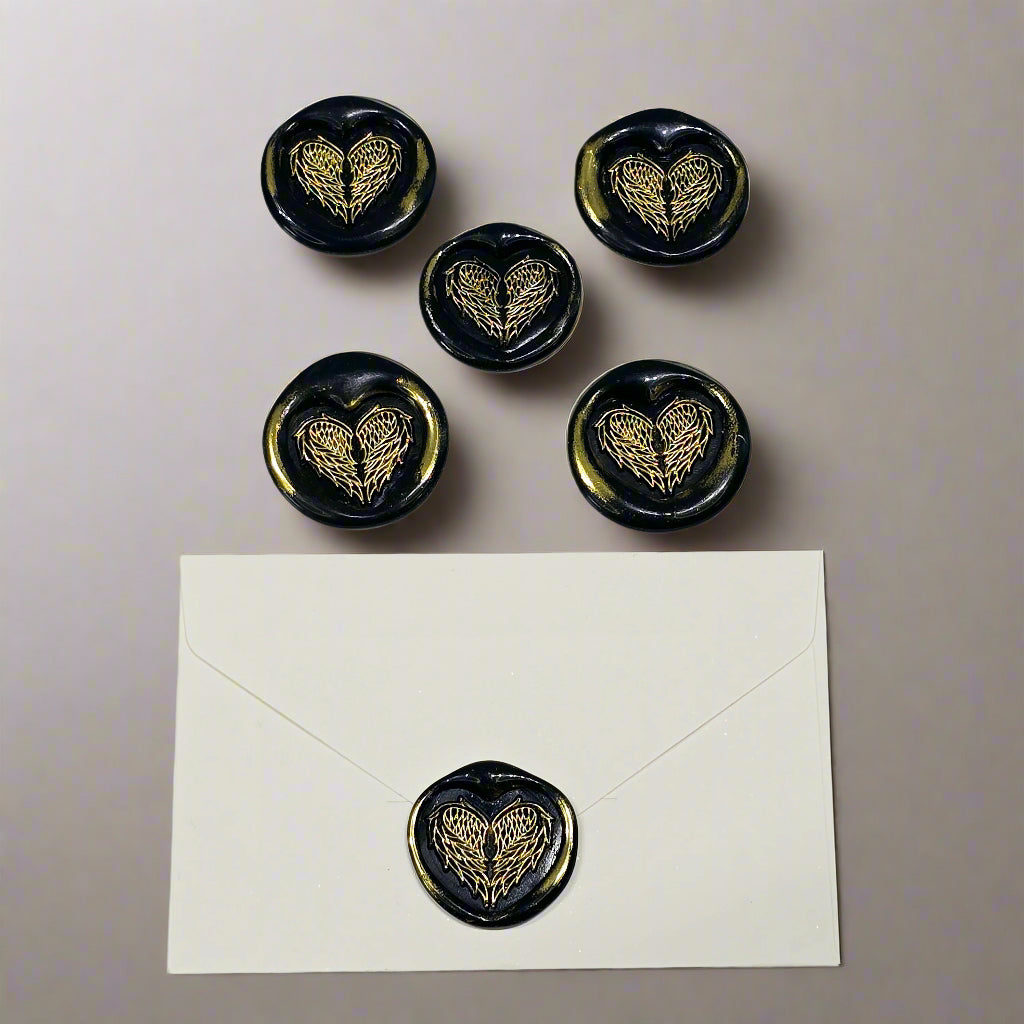 Angel Wings Heart Wax Seals Black & Gold Set of Five, with Adhesive Wax Seals for Cards, Invitations and Gifts